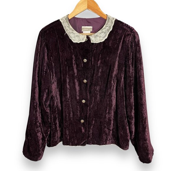 Velvet Jacket Lace Collar Purple Women Button Up Victorian‎ Size Large Delicate - Picture 1 of 11